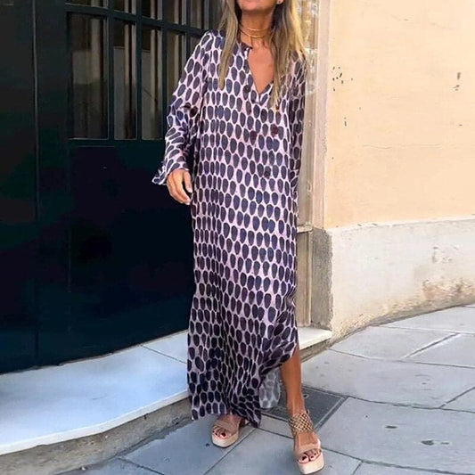 CM | Maxivestido de mujer - Corte holgado - Cuello en pico - Mangas largas - Aberturas laterales - Estampado atrevido