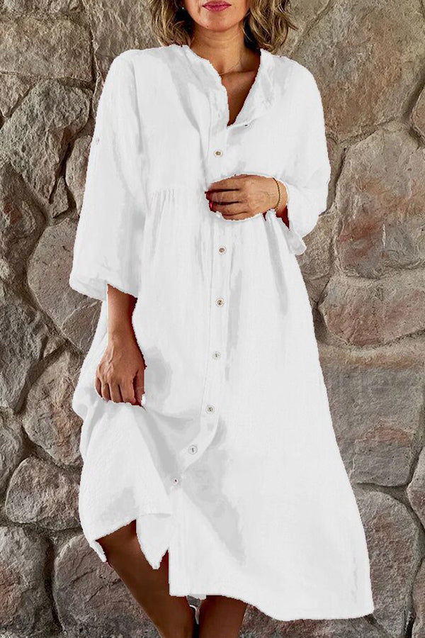 CM | algodón lino color sólido casual stand cuello botón vestido largo