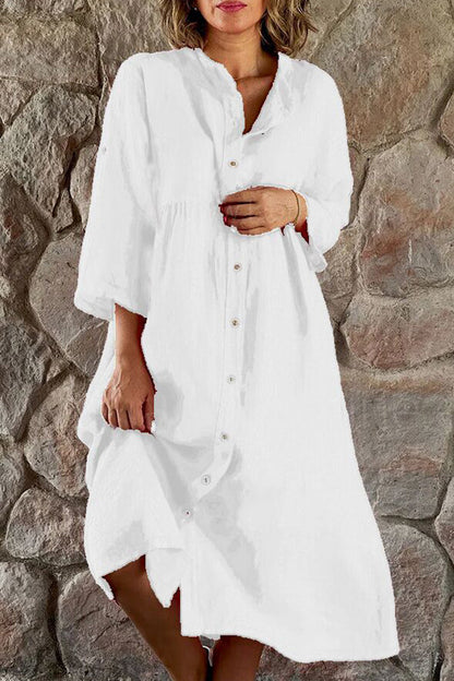 CM | algodón lino color sólido casual stand cuello botón vestido largo