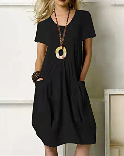 CM | Vestido de verano holgado Vestido midi Vestido de playa de manga corta con bolsillos