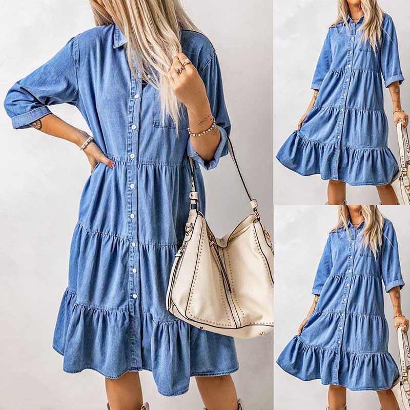 CM | Mini vestido de chambray con volantes y tapeta de botones en denim