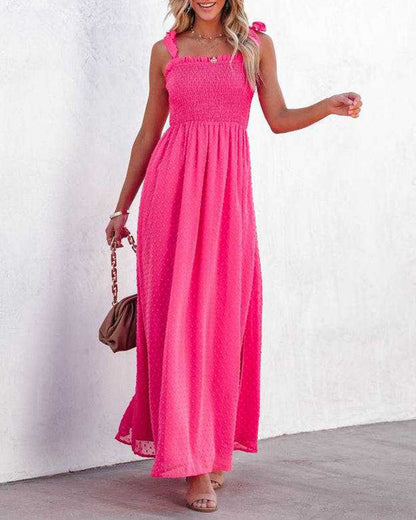 CM | Boho Espagueti Correa Cuello Cuadrado Lunares Bengala Playa Maxi Vestido