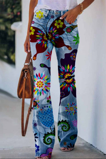 CM | Pantalones acampanados de tiro alto con estampado de imitación