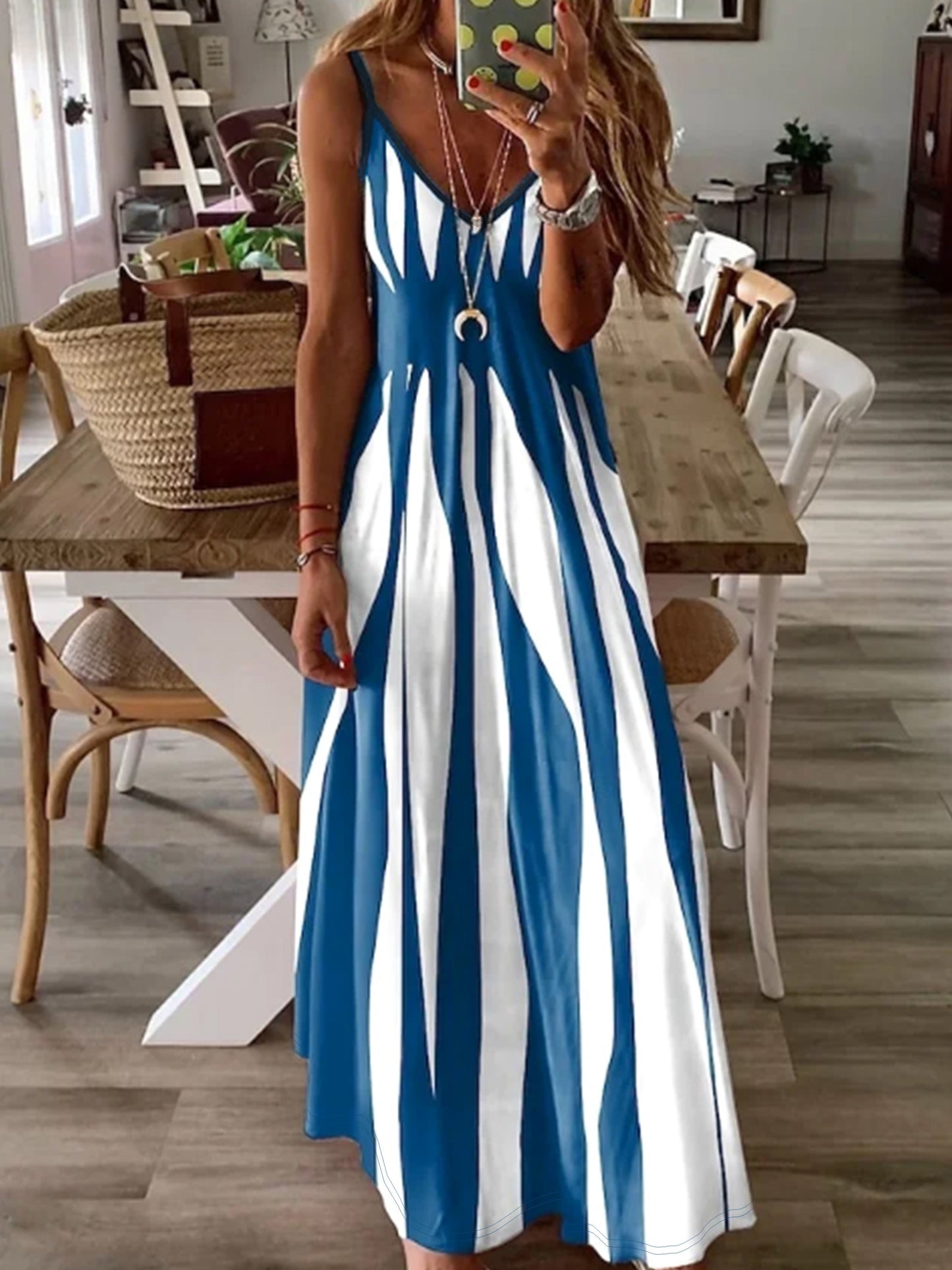 CM | Vestido maxi de mujer - sin mangas - cuello en V - corte relajado - ropa casual ligera