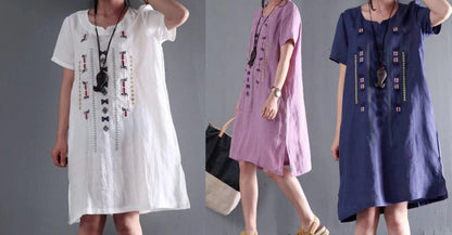 CM | vestido de lino blanco manga corta vestidos de verano más blusa de tamaño