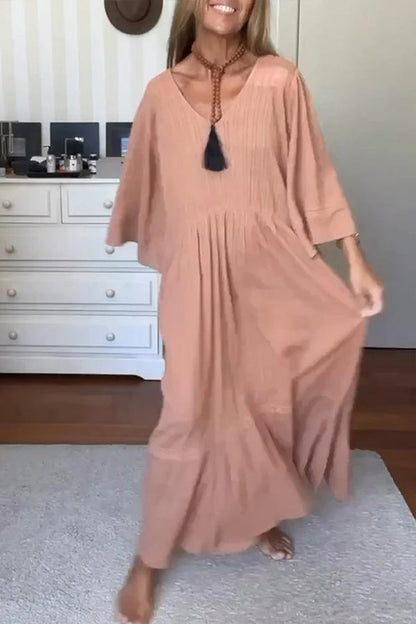 CM | Mujeres Color Sólido Cuello en V Comfy Maxi Vestido
