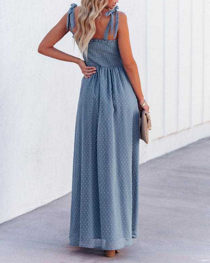 CM | Boho Espagueti Correa Cuello Cuadrado Lunares Bengala Playa Maxi Vestido