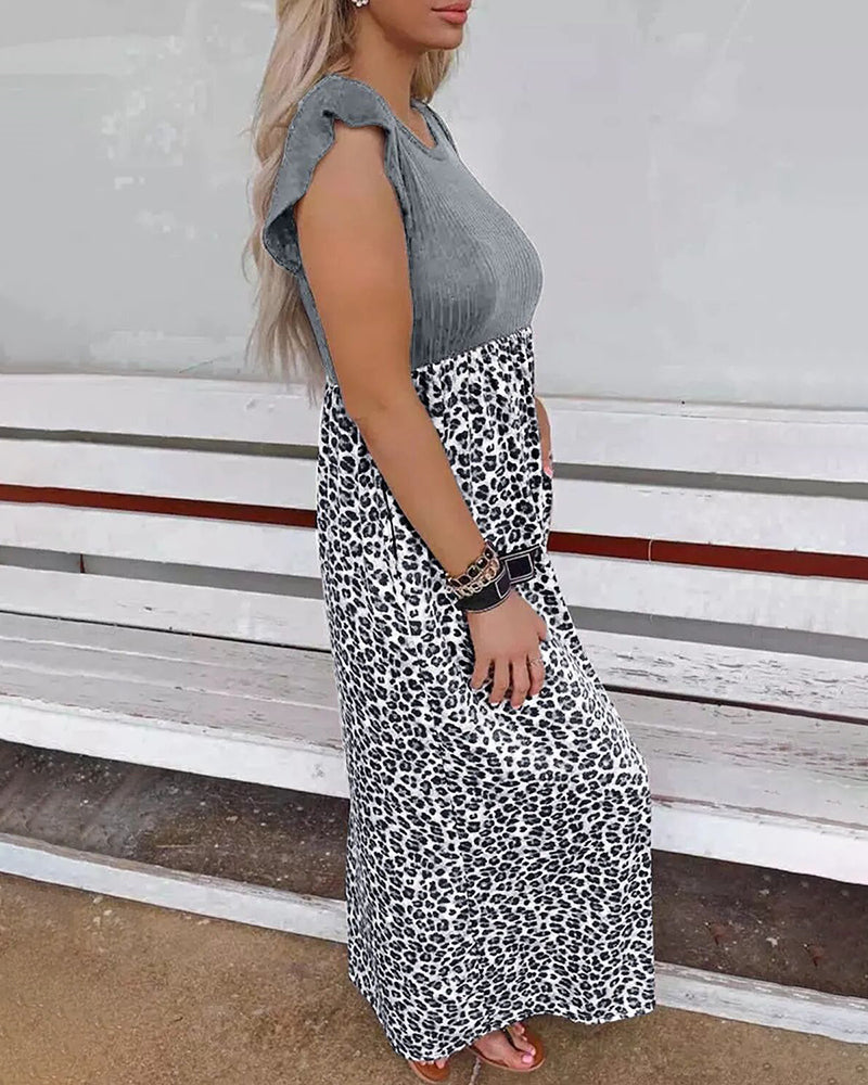 CM | Negro Leopardo Costura Vestido Largo Verano Cintura Adelgazar Maxi Vestido