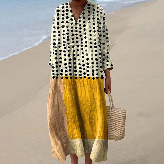 CM | Vestido midi de mujer - Fibras naturales - Corte holgado - Cuello en pico - Mangas largas - Paneles geométricos
