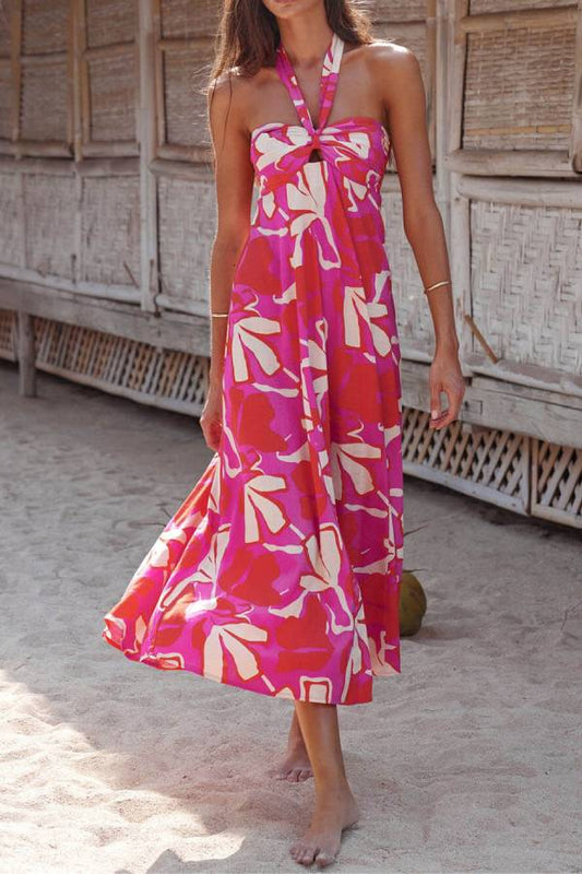 CM | Vestido Midi Cuello Haltern Print Berry Lotus
