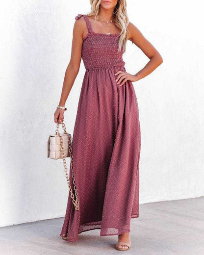 CM | Boho Espagueti Correa Cuello Cuadrado Lunares Bengala Playa Maxi Vestido