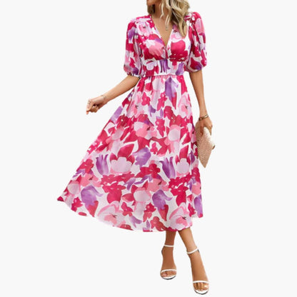CM | Vestido midi veraniego para mujer con estampado floral y mangas farol