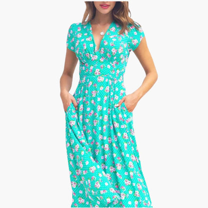 CM | Vestido midi floral de mujer con bolsillos y manga corta