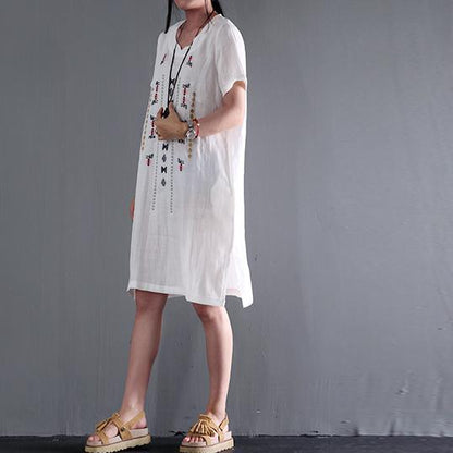 CM | vestido de lino blanco manga corta vestidos de verano más blusa de tamaño