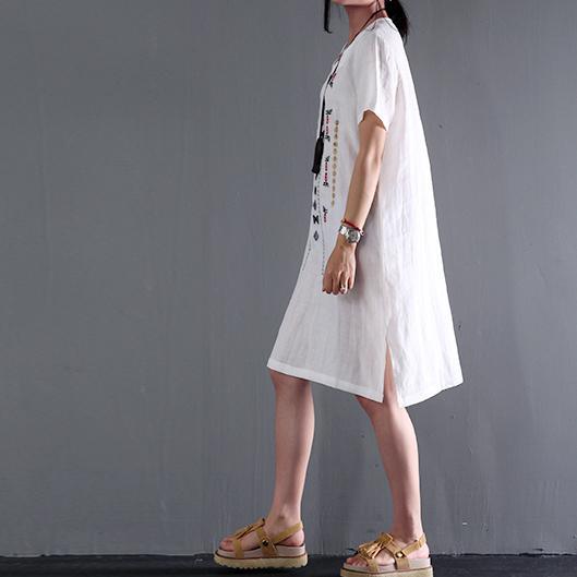 CM | vestido de lino blanco manga corta vestidos de verano más blusa de tamaño