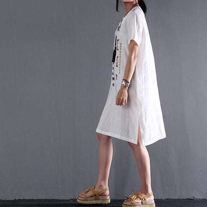 CM | vestido de lino blanco manga corta vestidos de verano más blusa de tamaño