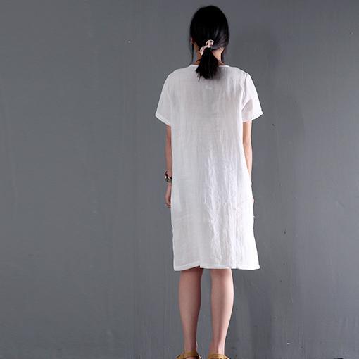 CM | vestido de lino blanco manga corta vestidos de verano más blusa de tamaño
