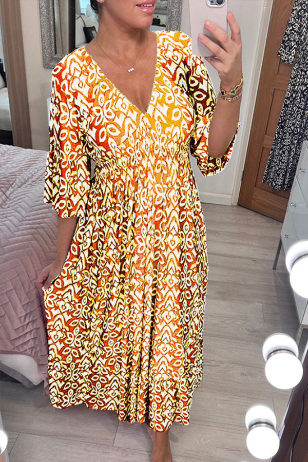 CM | Bohème vestido largo con cuello en V y cintura envolvente y estampado informal