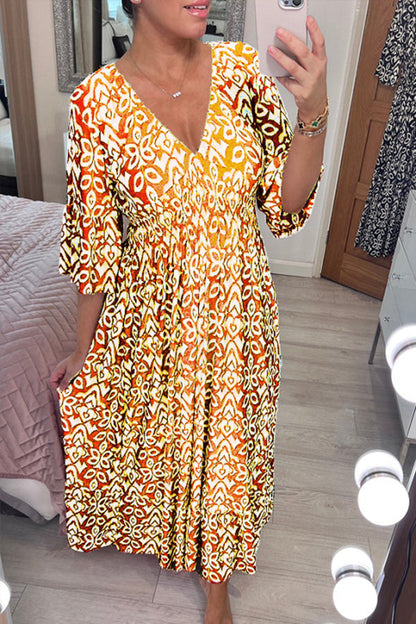 CM | Bohème vestido largo con cuello en V y cintura envolvente y estampado informal