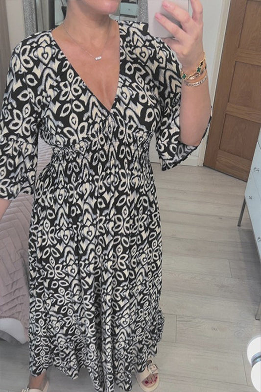 CM | Bohème vestido largo con cuello en V y cintura envolvente y estampado informal