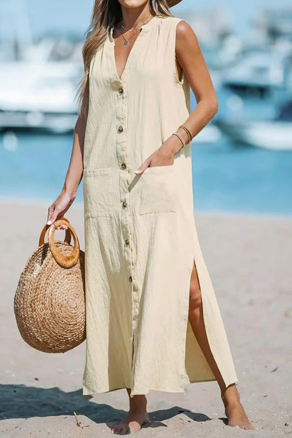 CM | Vestido monocolor sin mangas de algodón y lino con holgado escote en V