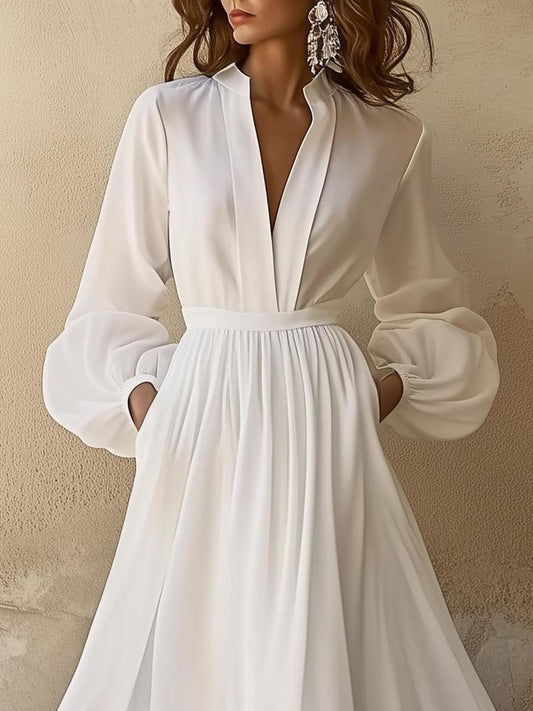 CM | Vintage Sencillo maxi vestido blanco con escote en V