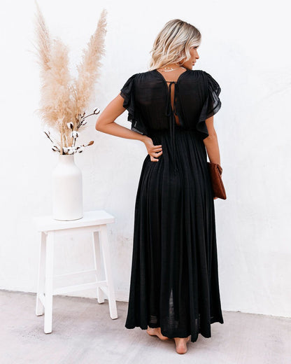 CM | maxi vestido de mujer - corte fluido - mangas fruncidas - escote en V - tapeta de botones - cintura elástica