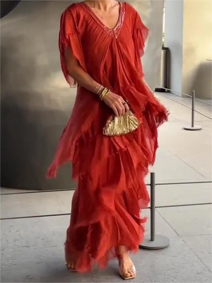 CM | maxi vestido fruncido de manga corta y cuello en V