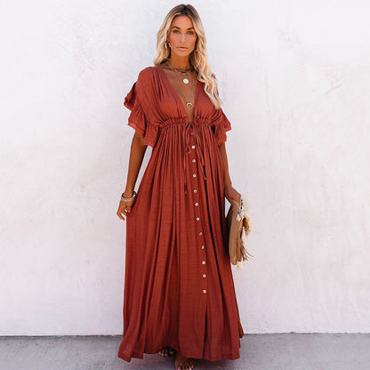 CM | maxi vestido de mujer - corte fluido - mangas fruncidas - escote en V - tapeta de botones - cintura elástica