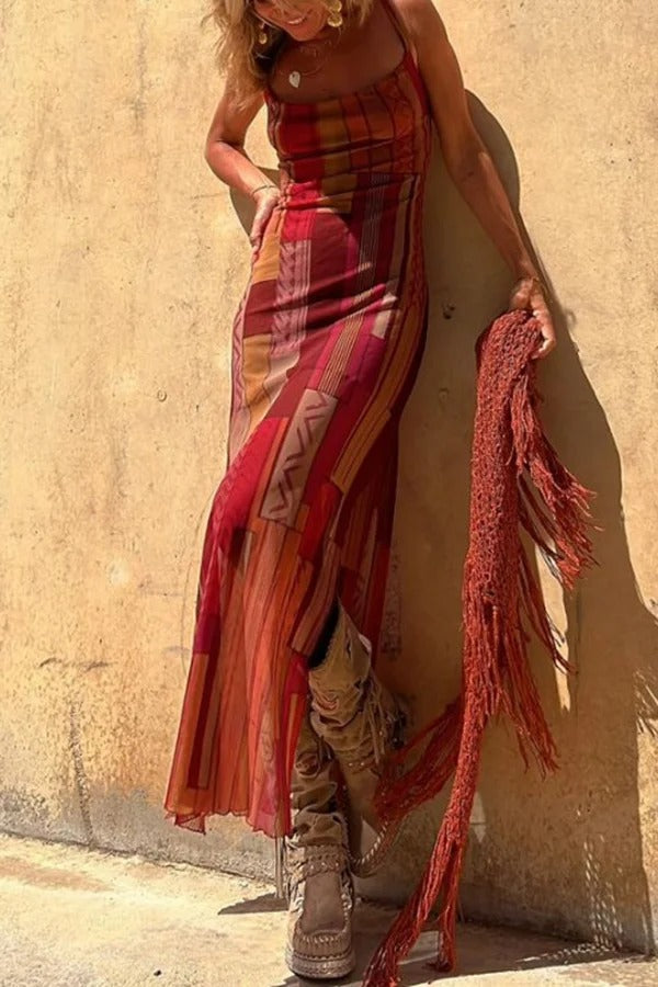 CM | Estilo Gitano Impresión Única Cuello Vaca Atrás Encaje Abertura Vestido Midi