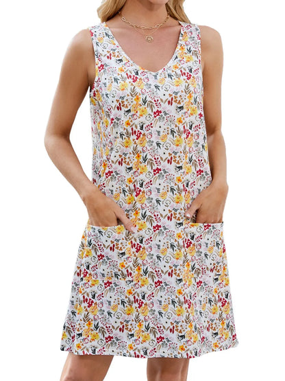 CM | Mini vestido estampado sin mangas con cuello en V y bolsillos