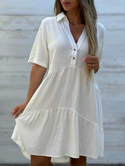 CM | Vestido femenino informal, monocolor, de manga corta, de algodón y lino