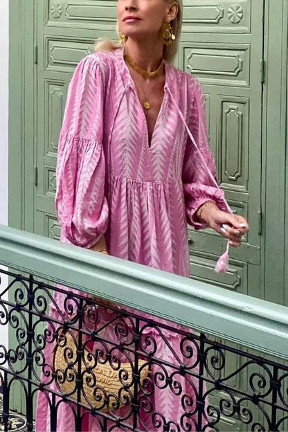 CM | Marrakech Stories Vestido midi estampado en mezcla de lino con mangas globo y bolsillos en forma de A