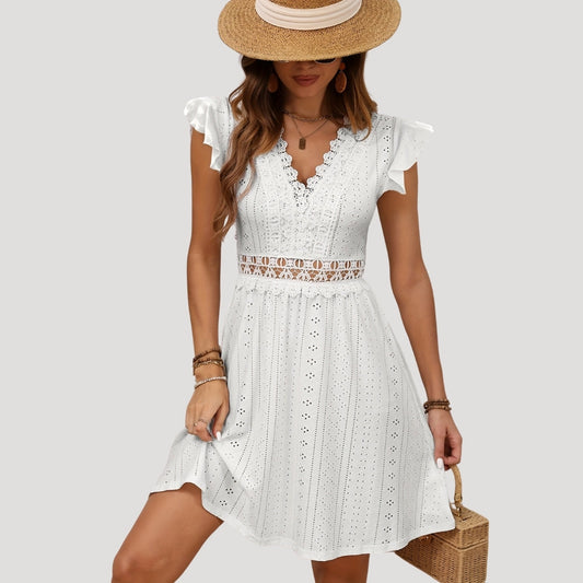 CM | Mini vestido de verano de encaje blanco para mujer con mangas de volantes