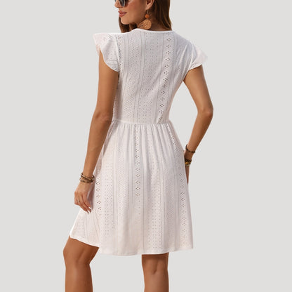 CM | Mini vestido de verano de encaje blanco para mujer con mangas de volantes