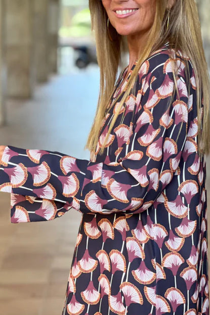 CM | Mujeres Moda Impreso V-Cuello Manga Larga Maxi Vestido