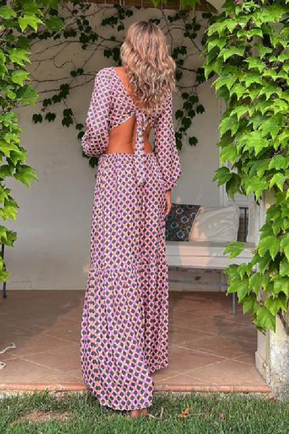 CM | Serene Dreams Maxi Vestido con Cuello Lateral Estampado y Cintura Elástica