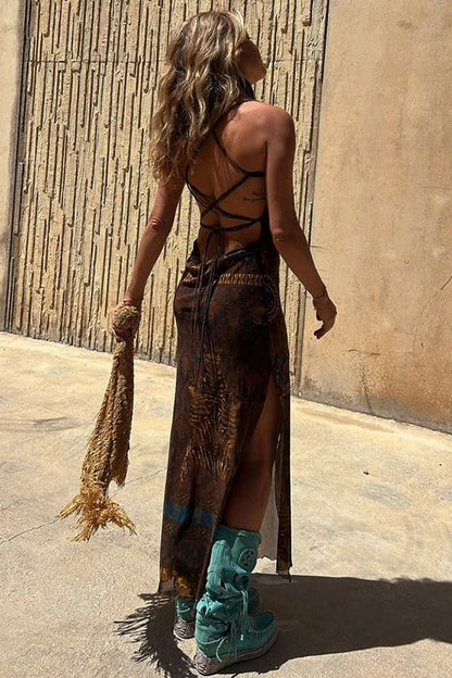 CM | Estilo Gitano Impresión Única Cuello Vaca Atrás Encaje Abertura Vestido Midi