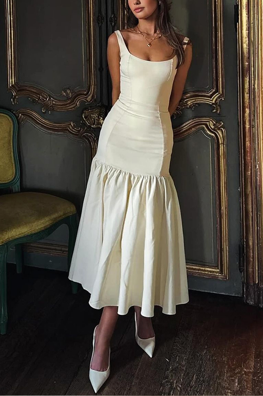 CM | Silueta Agraciada Escote Cuadrado Tira Ancha Cintura Caída Vestido Midi