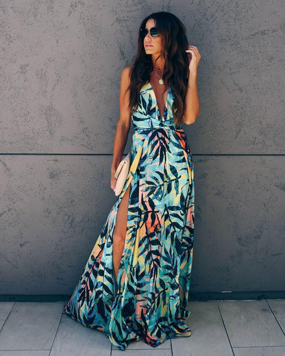 CM | maxi vestido entallado estampado de manga media y cuello en V