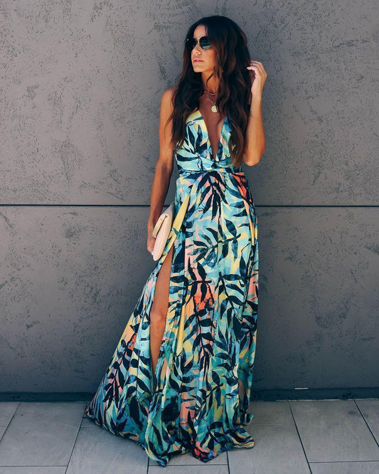 CM | maxi vestido entallado estampado de manga media y cuello en V