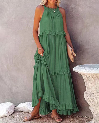 CM | Boho Largo Color Sólido Sin Mangas Halter Ruffle Maxi Vestidos