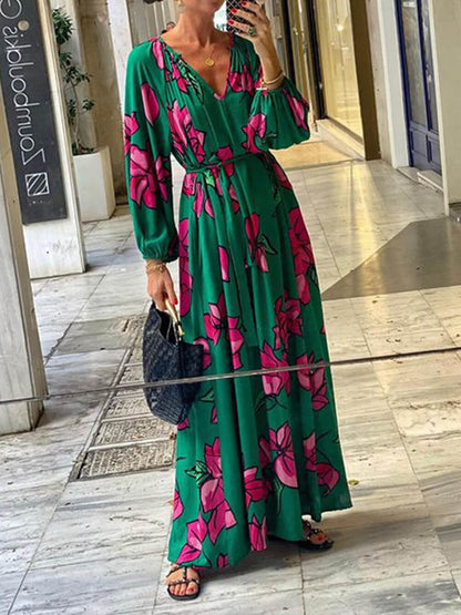CM | maxi vestido de mujer - estampado floral - cuello en V - manga larga - cinturón en la cintura - ligero