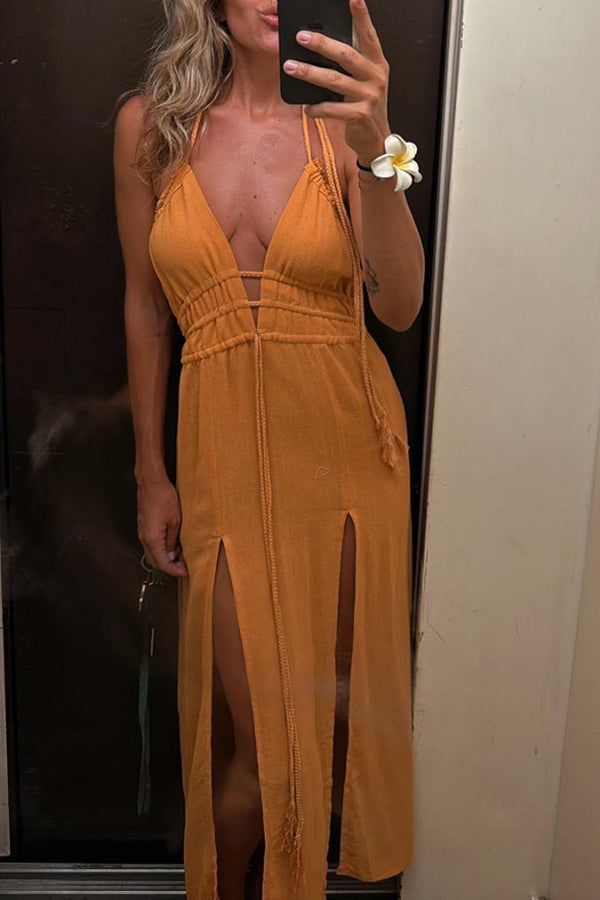 CM | Mezcla de lino Cintura elástica Halter Bolsillo sin espalda Abertura Vestido Midi