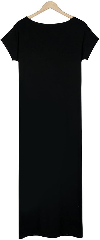 CM | Maxivestido de mujer - Material suave y ligero - Mangas cortas - Corte relajado - Escote redondo - Abertura lateral - Bolsillos