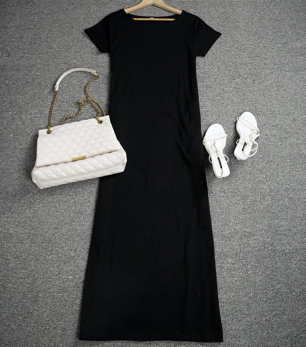 CM | Maxivestido de mujer - Material suave y ligero - Mangas cortas - Corte relajado - Escote redondo - Abertura lateral - Bolsillos