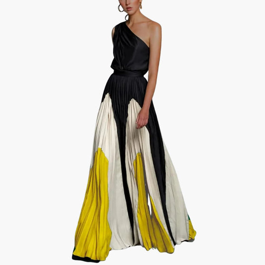 CM | Maxi vestido de mujer con un hombro y falda plisada