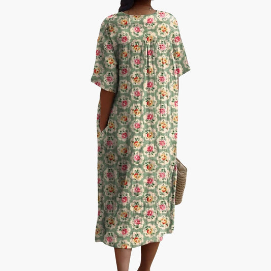 CM | Vestido midi de mujer de manga corta con estampado floral y escote en V