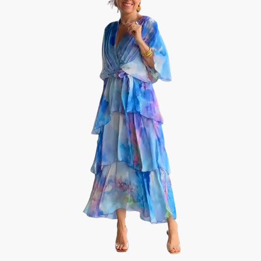 CM | Vestido maxi de verano para mujer con cinturón en la cintura y medias mangas