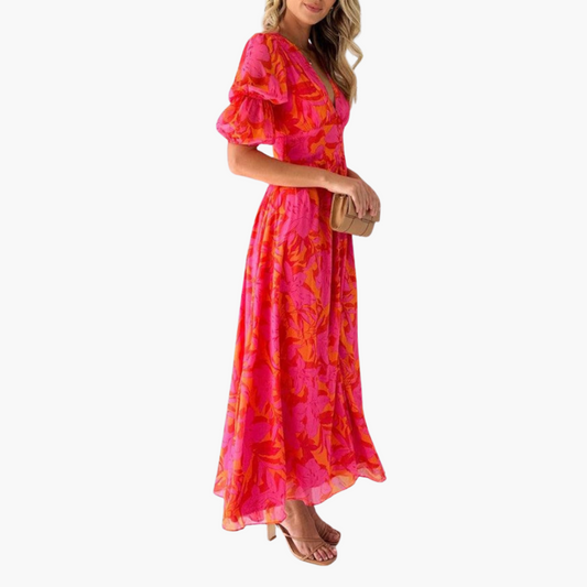CM | Vestido largo tobillero de mujer con escote en V y mangas abullonadas